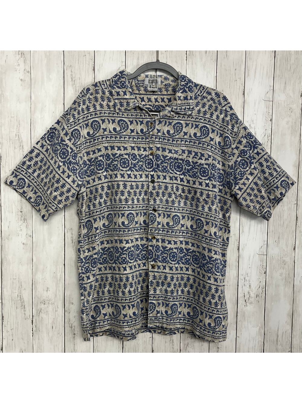 Sostanza 90s Blue Block Print Short Sleeve Boho Casual Cotton Button Down Shirt